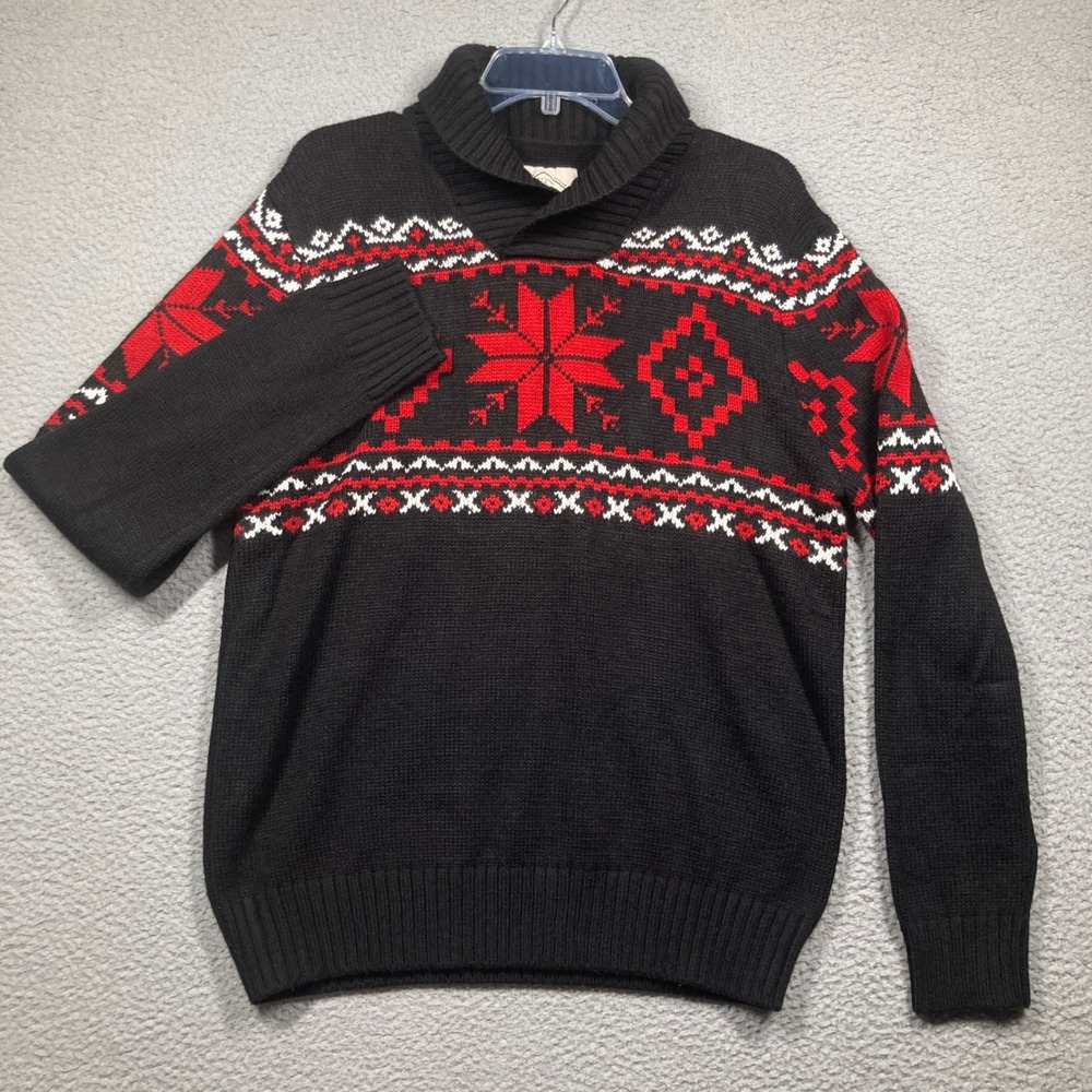St.‎ John's Bay Sweater Mens Large Black Red Fair Isle Snowflake Shawl Collar